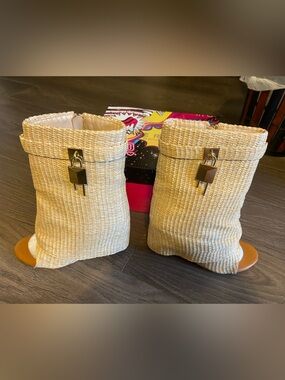 Cape Robbin Nude Woven Ankle Booties with Gold Hardware
